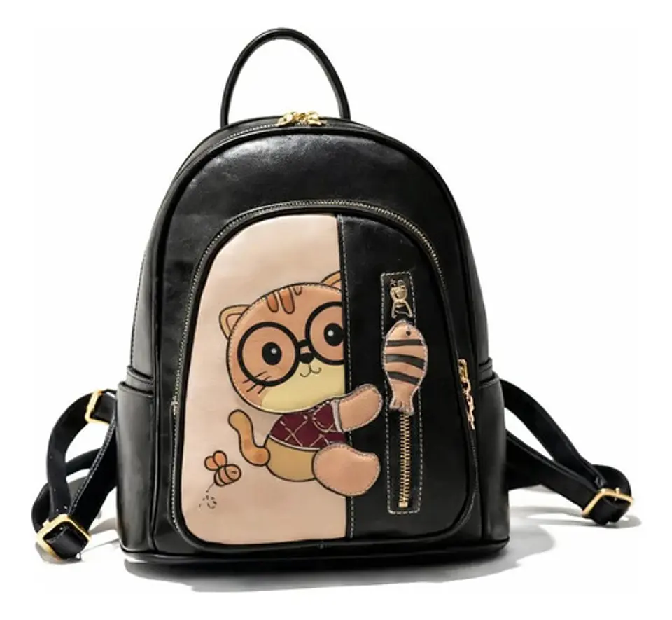 Mochila Mujer Ecocuero Diseño Gato Kawaii Negra 1