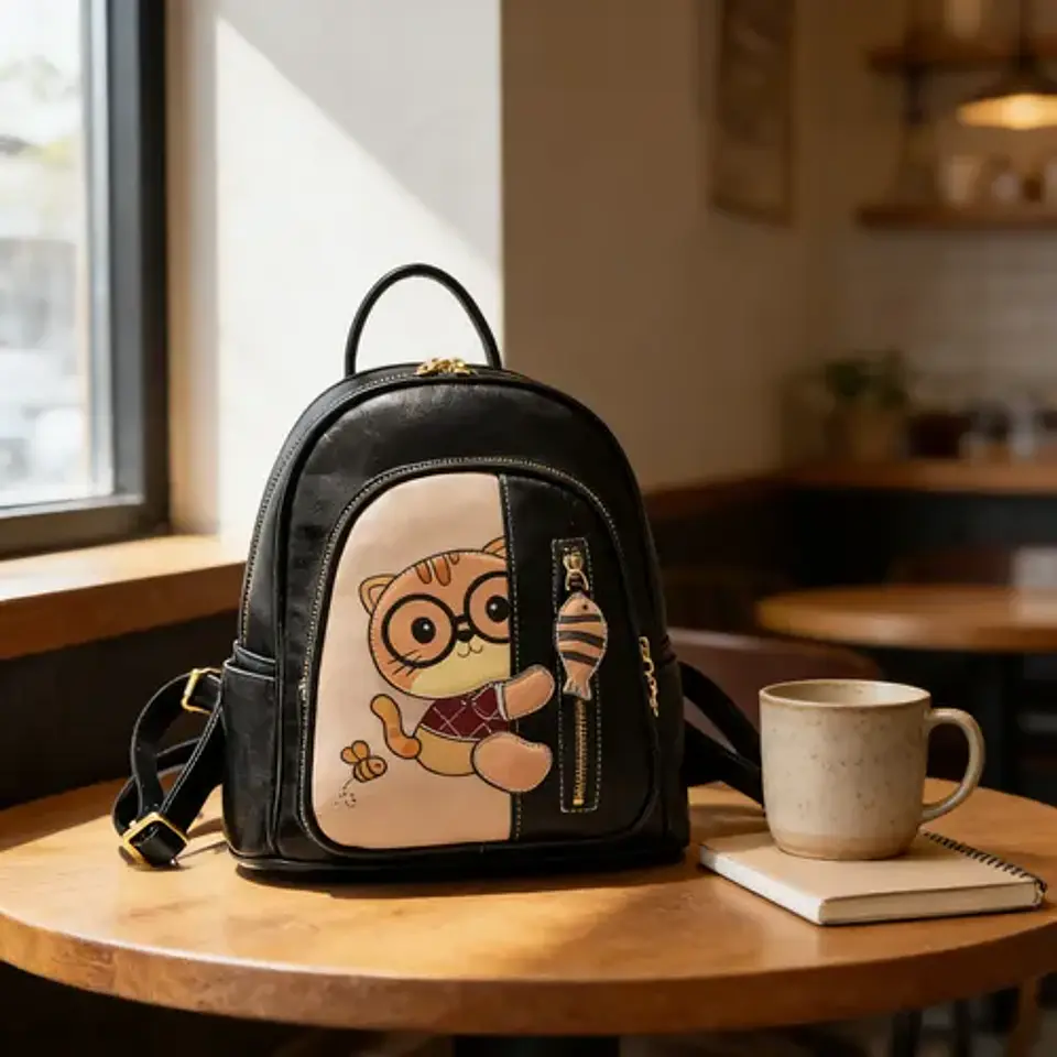 Mochila Mujer Ecocuero Diseño Gato Kawaii Negra 2