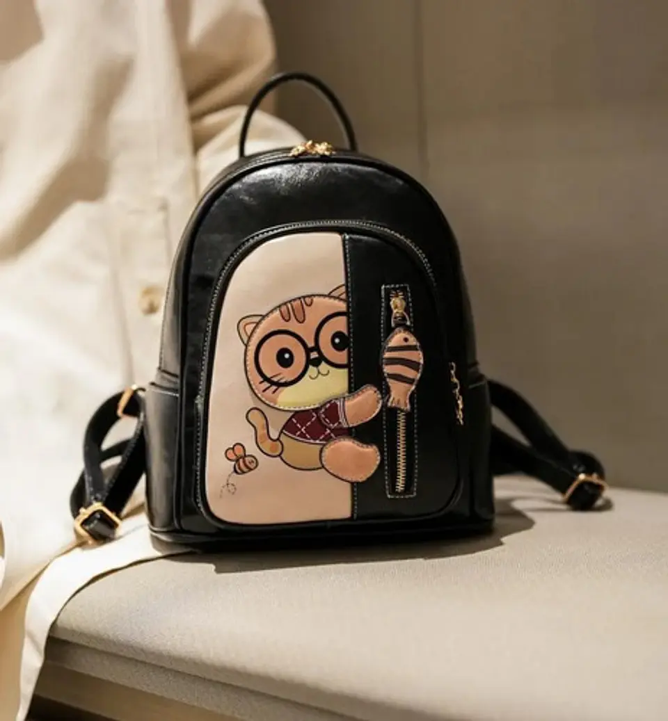 Mochila Mujer Ecocuero Diseño Gato Kawaii Negra 3