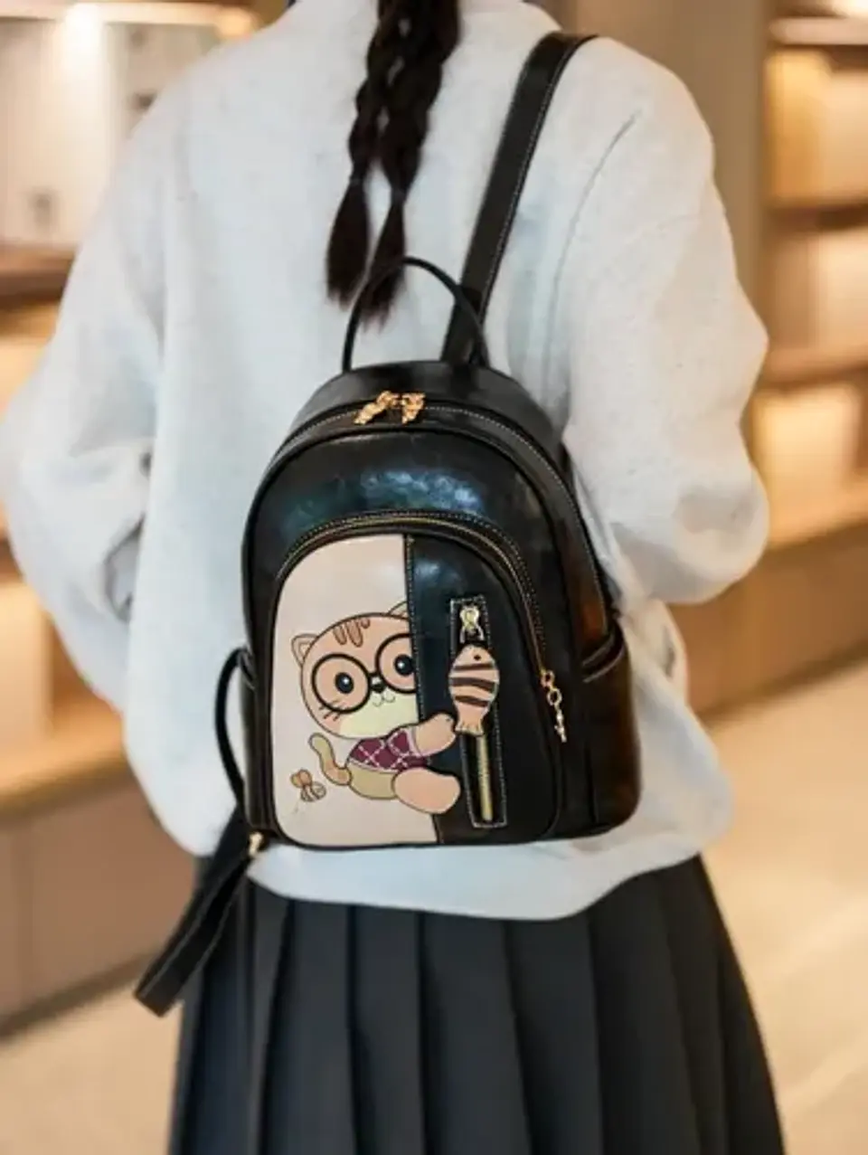Mochila Mujer Ecocuero Diseño Gato Kawaii Negra 4