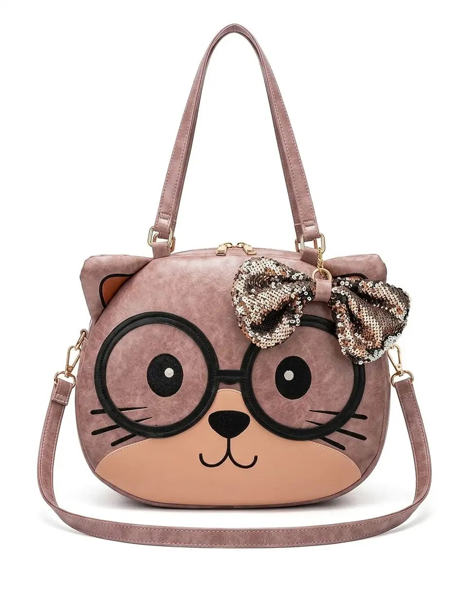Cartera Bolso Gato Kawaii Con Lentes Y Lazo Lentejuelas 7