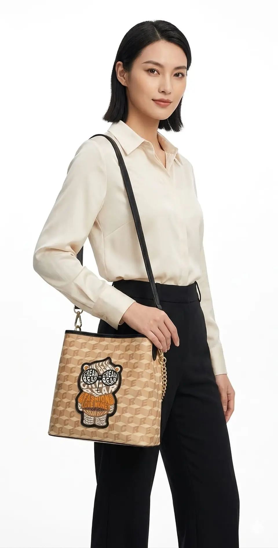 Cartera Bandolera Cream Bear Monograma - Diseño Cubos Beige 2