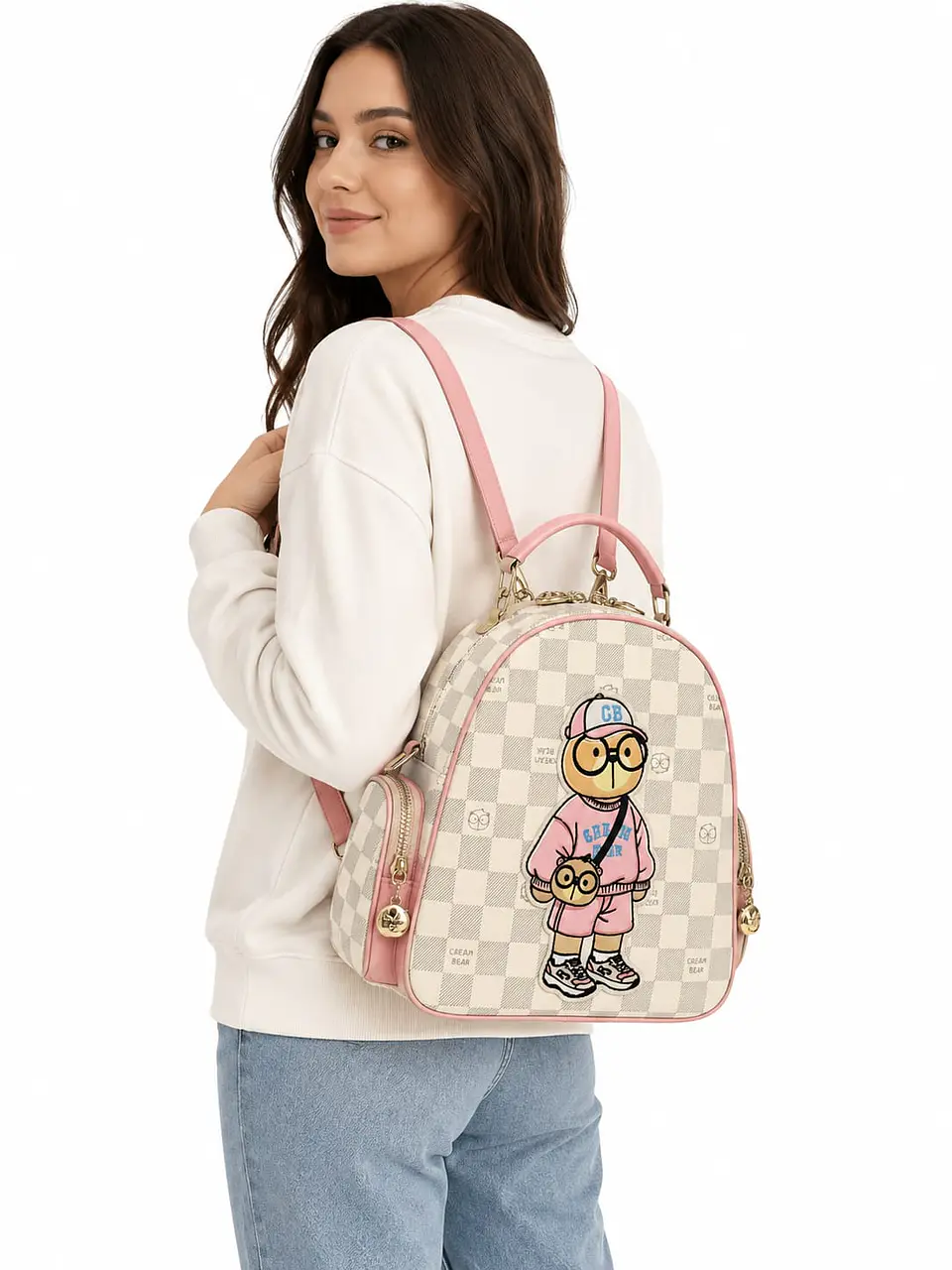 Mochila Bolso Cream Bear rosa cuadrille - diseño urbano 2