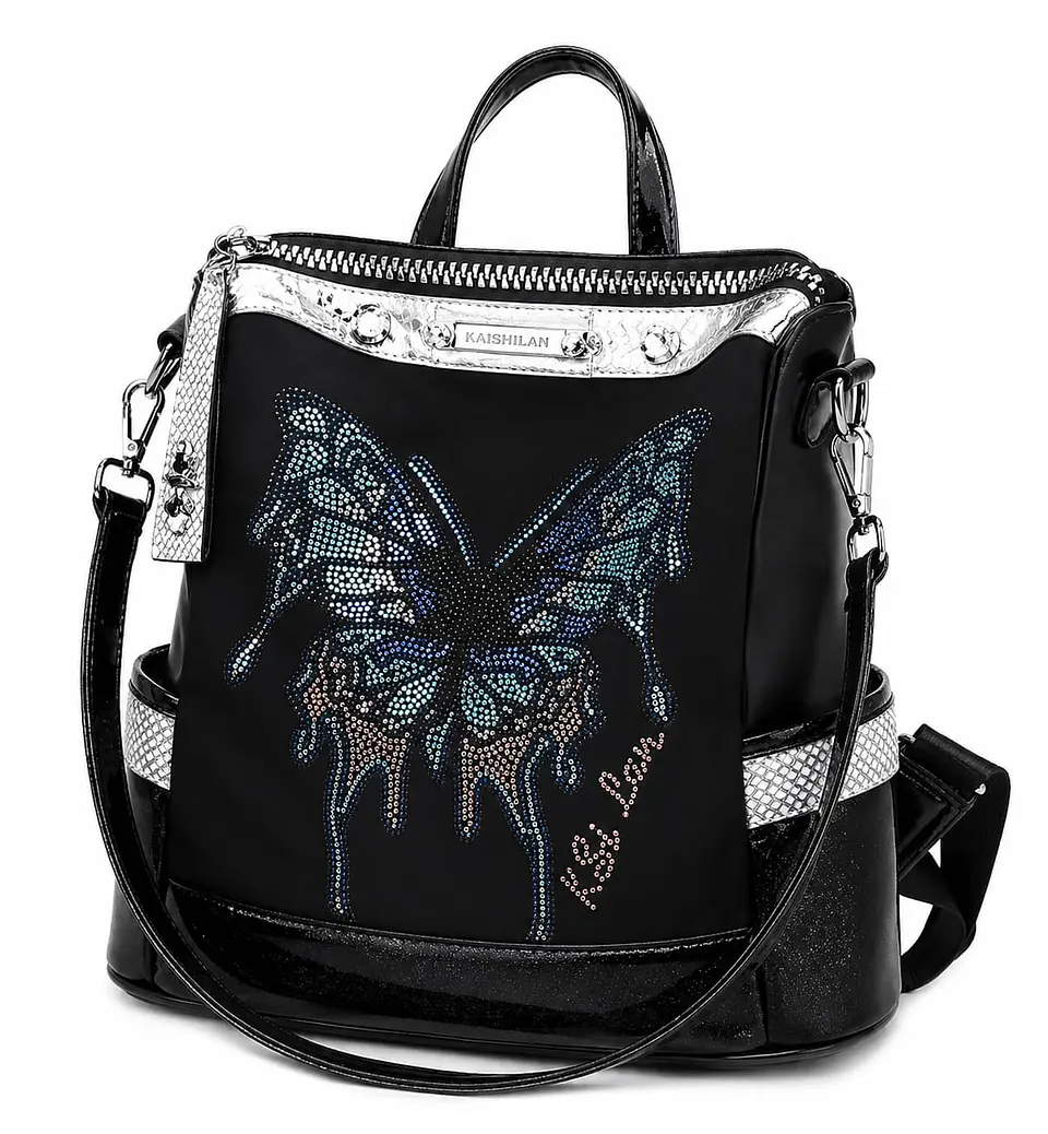 Mochila Bolso Kaishilan Mariposa brillante negra 2 en 1 1