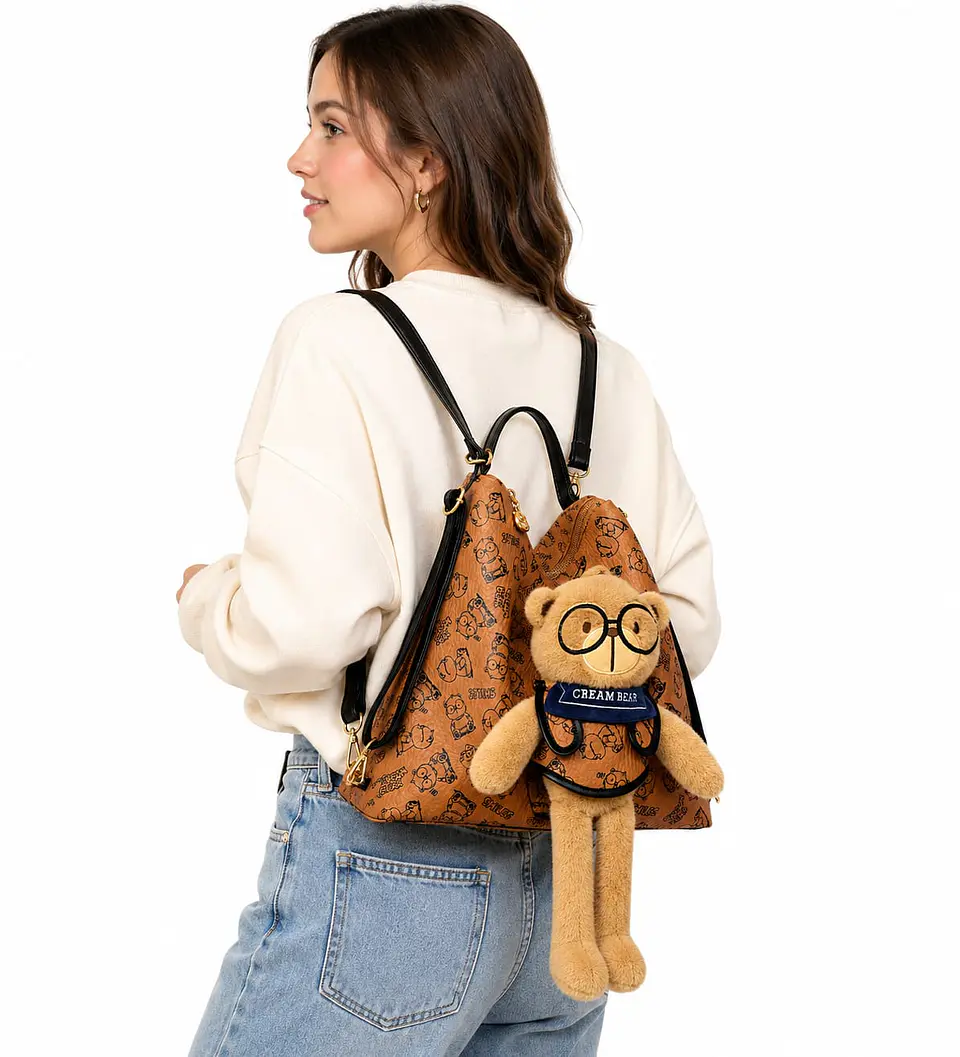 Bolso mochila Creambear Osito vintage cafe 2 en 1 2