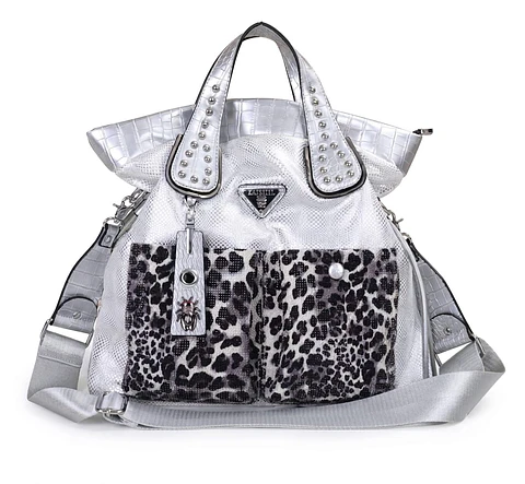 Cartera de Mano - Hombro Plateado Metálico con Textura de Serpiente y Detalles en Animal Print de Leopardo Punk-Chic