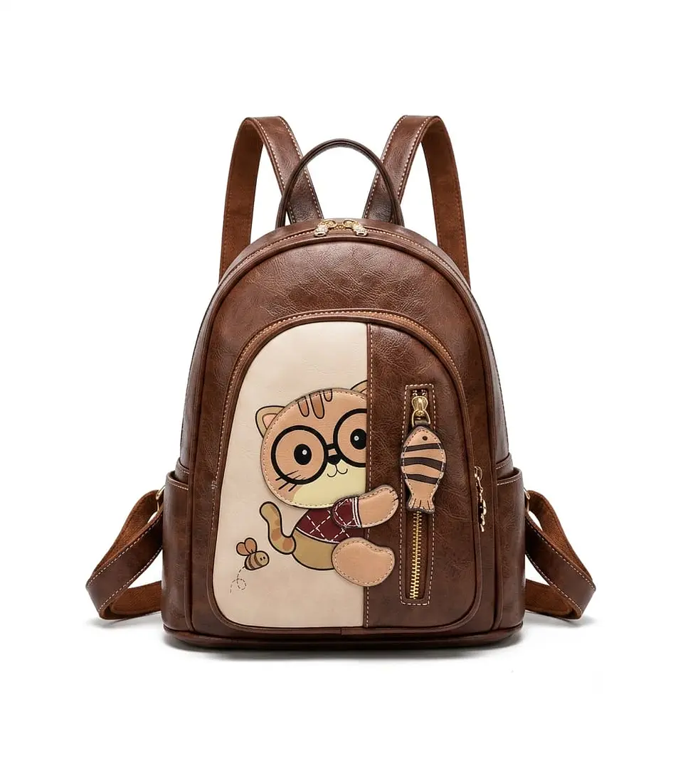 Mochila Mujer Ecocuero Diseño Gato Kawaii Negra 3