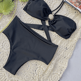 Top de bikini strapless con concha dorada negro