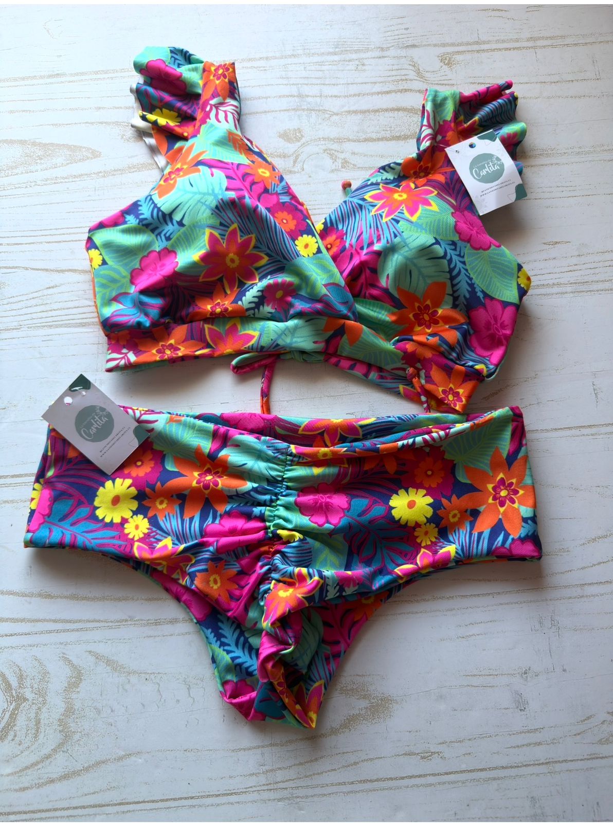 Conjunto top Margaret tanga fitness tiro medio flores tropicales 2