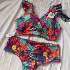 Conjunto top Margaret tanga fitness tiro medio flores tropicales