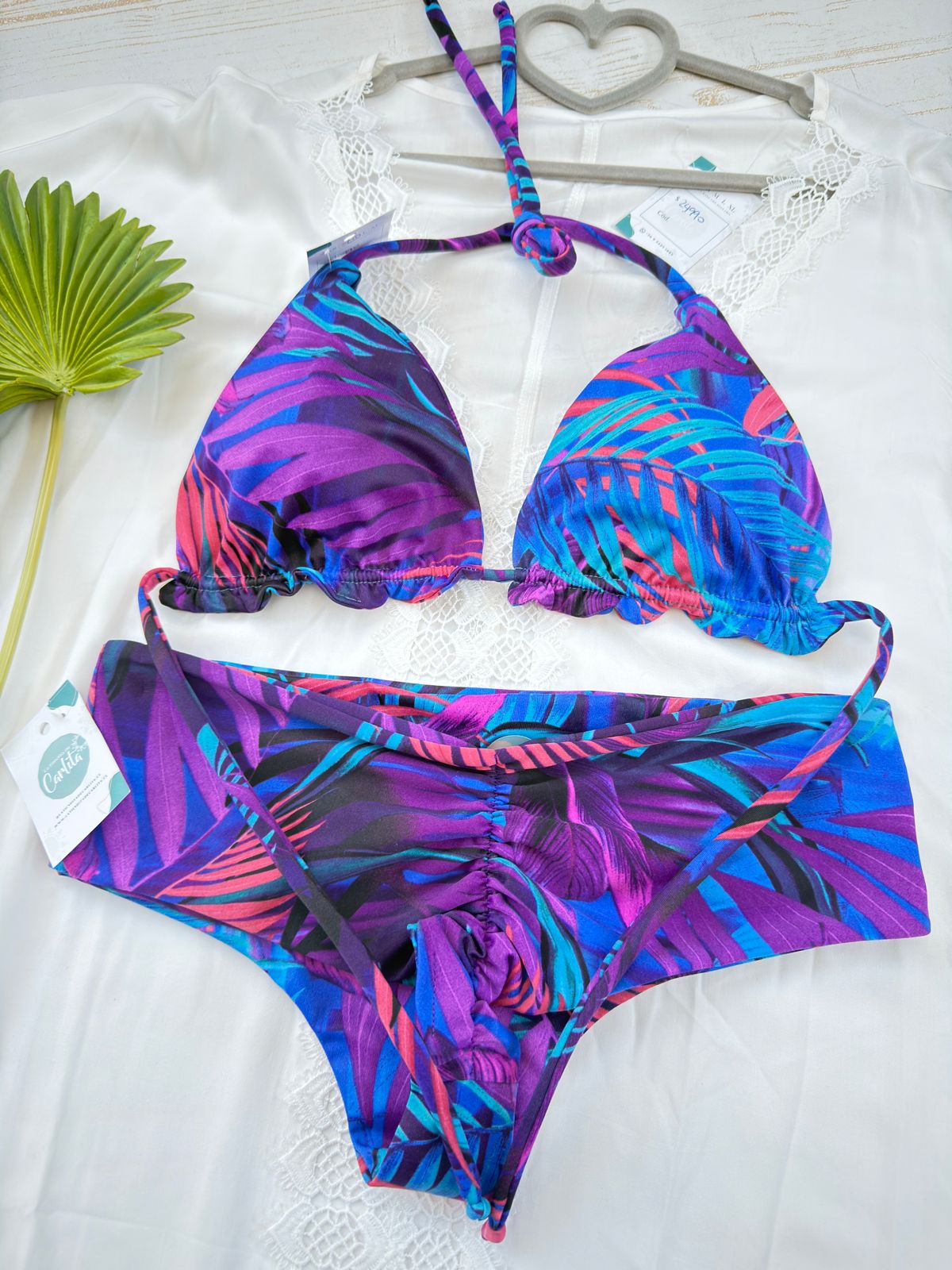 Conjunto ibiza tanga fitness tiro medio hojas moradas