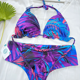 Conjunto ibiza tanga fitness tiro medio hojas moradas