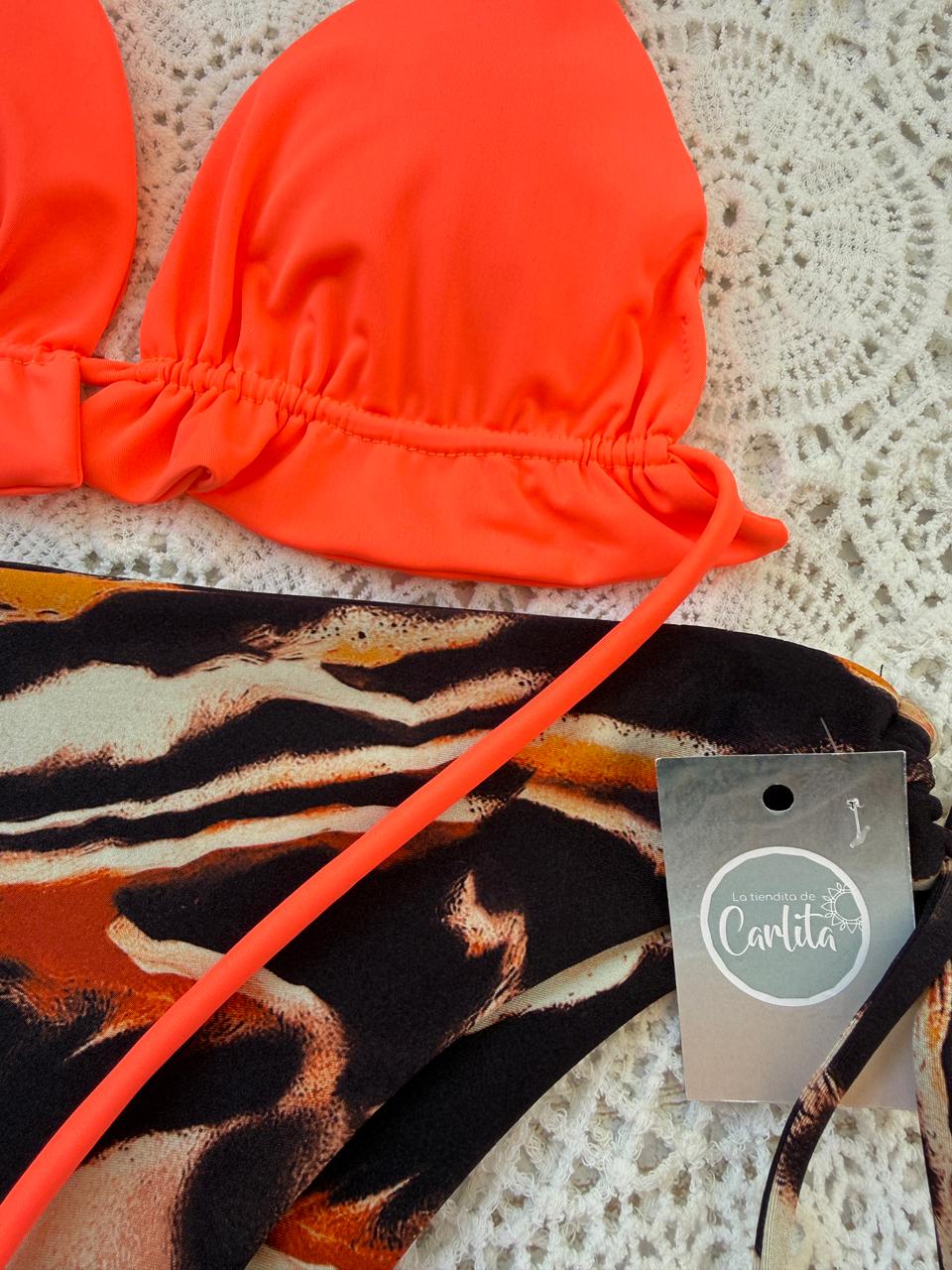 Conjunto ibiza tanga de amarres animal print cafe naranjo 1
