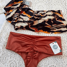 Conjunto Kaway coco banana tanga fitness tiro medio cobre