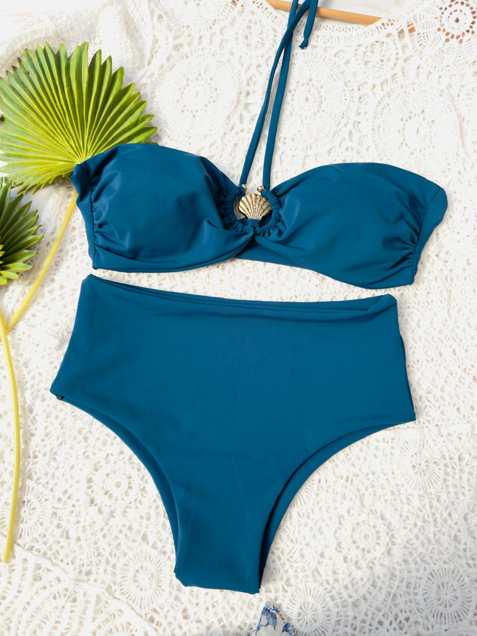 Conjunto strapless concha decorativa bottom ocean azul petroleo