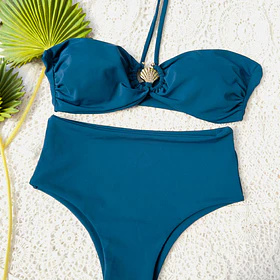 Conjunto strapless concha decorativa bottom ocean azul petroleo