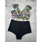 Conjunto Margaret hojas Tanga tiro alto negro 4