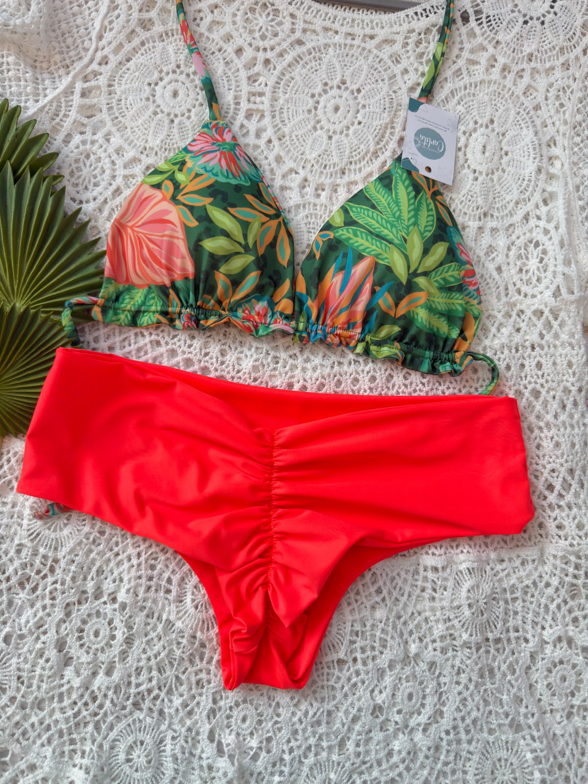 Conjunto Ibiza araiso troical tanga fitness TM naranjo neon 3