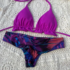 Conjunto ibiza magenta tanga fitness tiro bajo hojas moradas