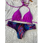 Conjunto ibiza magenta tanga fitness tiro bajo hojas moradas 2