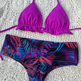 Conjunto ibiza magenta tanga fitness tiro medio hojas moradas