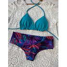Conjunto Ibiza turquesa tanga fitness tiro medio hojas moradas 1