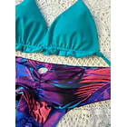 Conjunto Ibiza turquesa tanga fitness tiro medio hojas moradas 3
