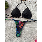 Conjunto Ibiza negro, tanga brasilera de amarres hojas tricolor 2
