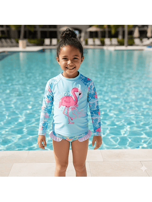 Traje de baño de dos piezas para niña con flamenco y protección UV