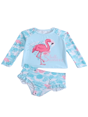 Traje de baño de dos piezas para niña con flamenco y protección UV
