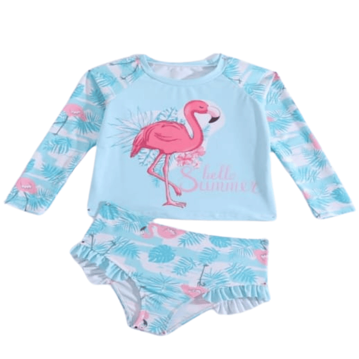 Traje de baño de dos piezas para niña con flamenco y protección UV 2