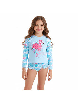 Traje de baño de dos piezas para niña con flamenco y protección UV