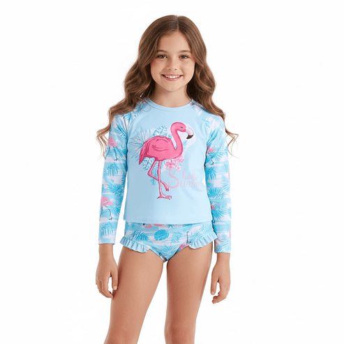 Traje de baño de dos piezas para niña con flamenco y protección UV 2