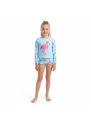Traje de baño de dos piezas para niña con flamenco y protección UV