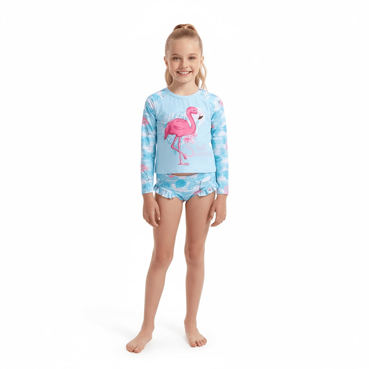 Traje de baño de dos piezas para niña con flamenco y protección UV 1