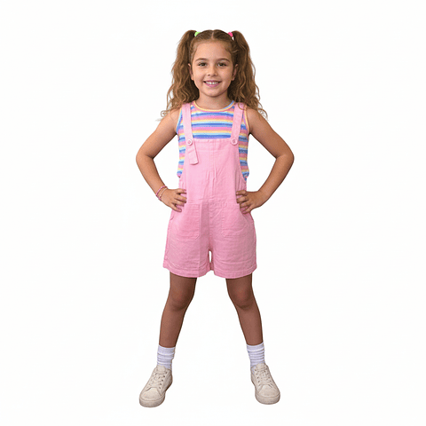 Conjunto Infantil Rainbow Pink: Jardinera Rosada y Polera Rayada