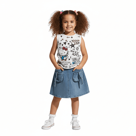 Conjunto Infantil Hello Kitty - Falda de Jean y Polera Estampada