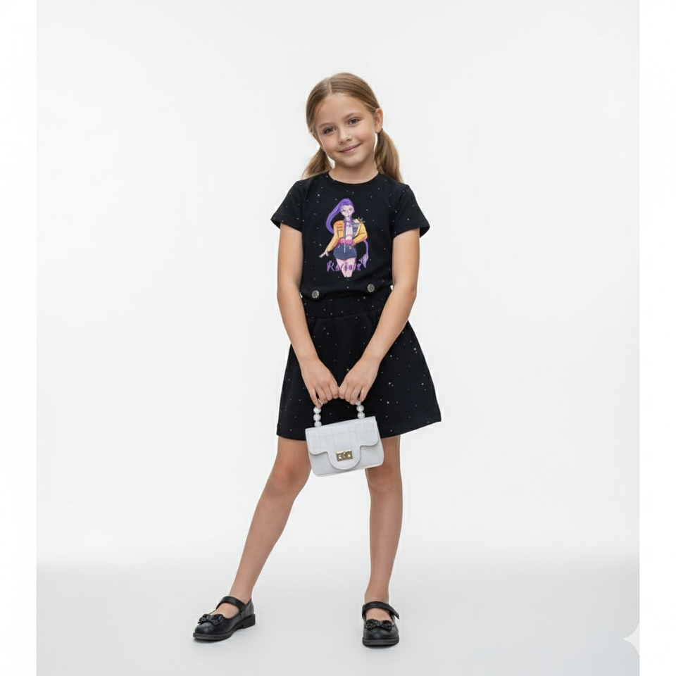 Conjunto Rumi Algodón Premium – Polera Crop Top + Falda con Pedrería 2