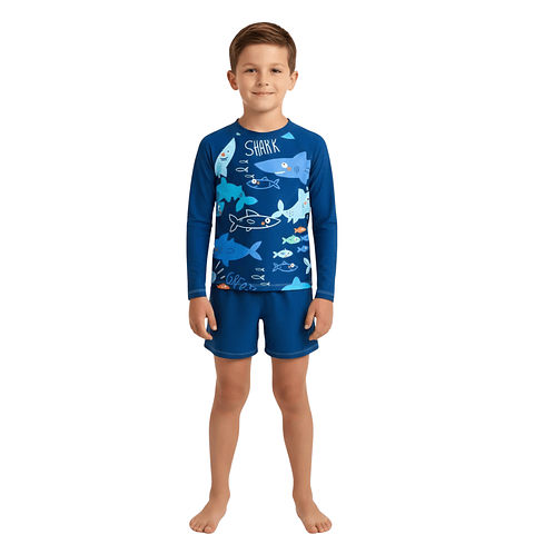 Traje de Baño Niño 2 Piezas Shark Manga Larga – Protección UV