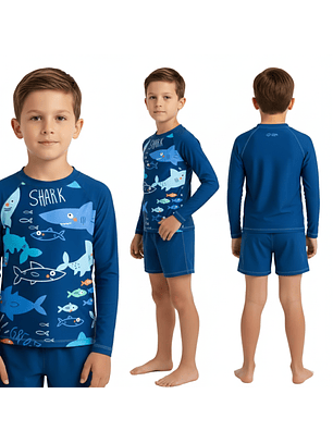 Traje de Baño Niño 2 Piezas Shark Manga Larga – Protección UV