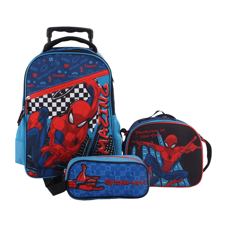 Mochilas Escolar Con Ruedas Spiderman Lonchera Estuche 1