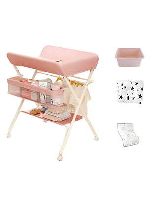 Mudador Portatil Plegable Bebé Multifuncional Con Ruedas Rosa