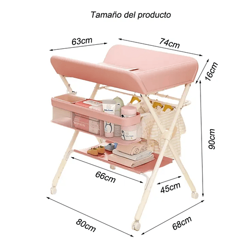 Mudador Portatil Plegable Bebé Multifuncional Con Ruedas Rosa 3