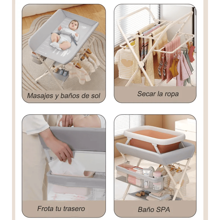 Mudador Portatil Plegable Bebé Multifuncional Con Ruedas Rosa 4