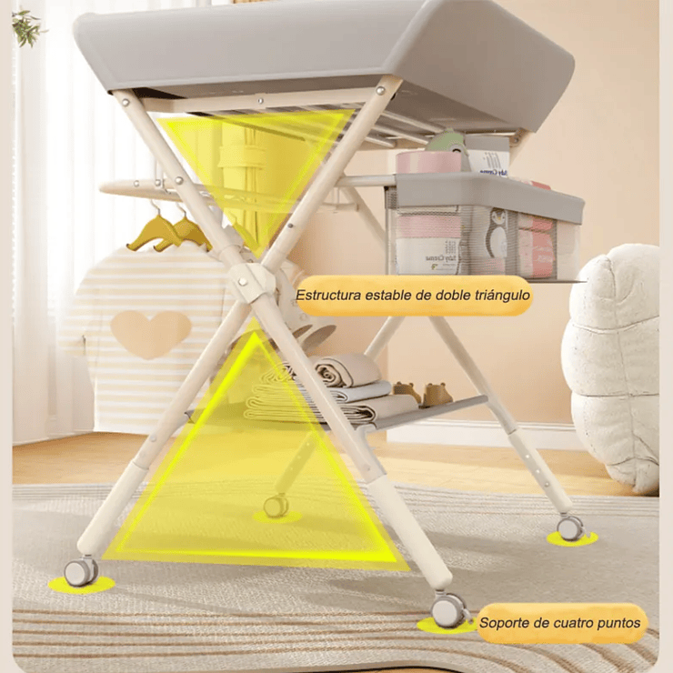 Mudador Portatil Plegable Bebé Multifuncional Con Ruedas Rosa 5