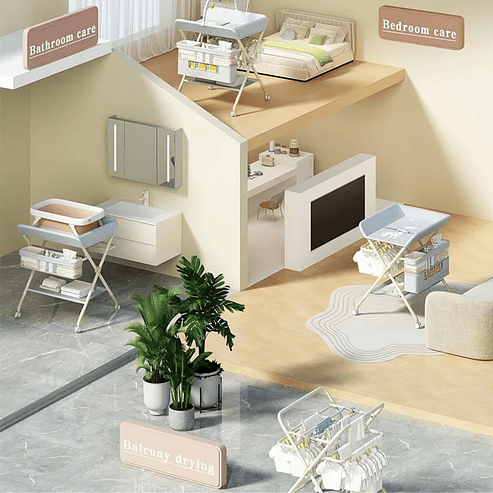 Mudador Portatil Plegable Bebé Multifuncional Con Ruedas Rosa 6