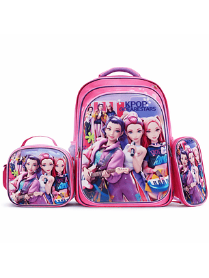 Mochila Escolar 3D con Carro + Lonchera y Estuche (Pack 3 Piezas)