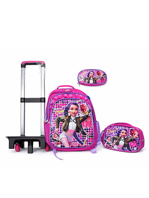 Mochila Escolar 3D con Carro + Lonchera y Estuche (Pack 3 Piezas)