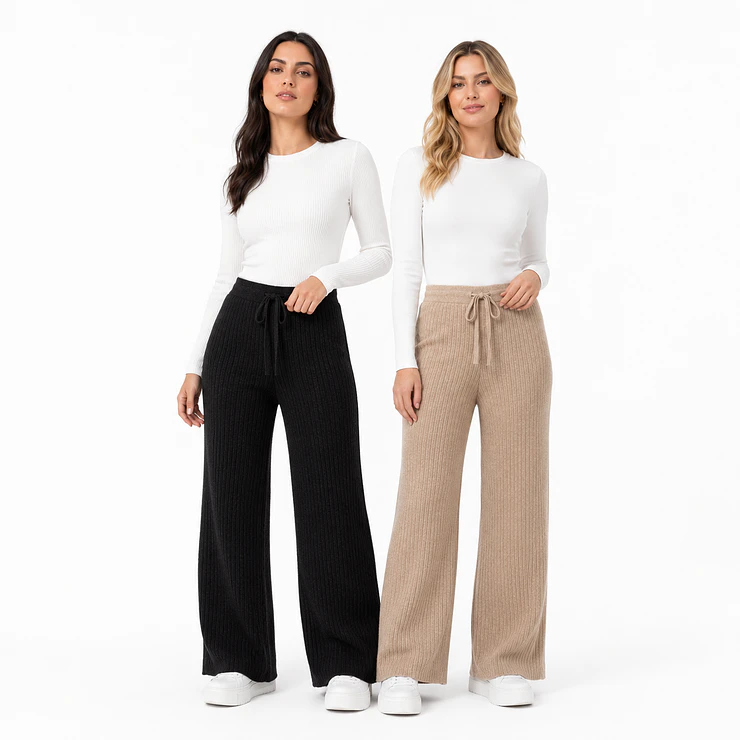 Pantalón Wide Leg Tejido Acanalado Forrado Mujer 1