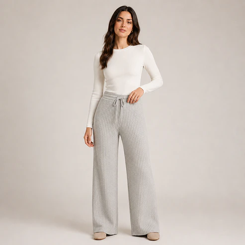 Pantalón Wide Leg Tejido Acanalado Forrado Mujer 2